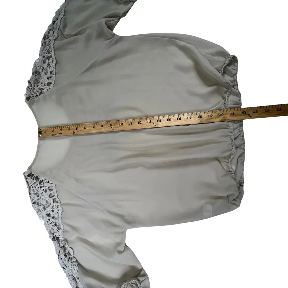 Charming Charlie Beige Semi Sheer Chiffon Crochet Lace Trimmed Blouse Top Small - Picture 11 of 12